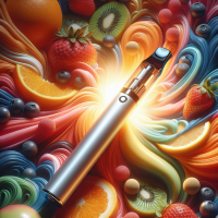 A close-up image of a disposable vape pen set against a vibrant background of assorted fruit slices, including oranges, apples, strawberries, kiwis, a