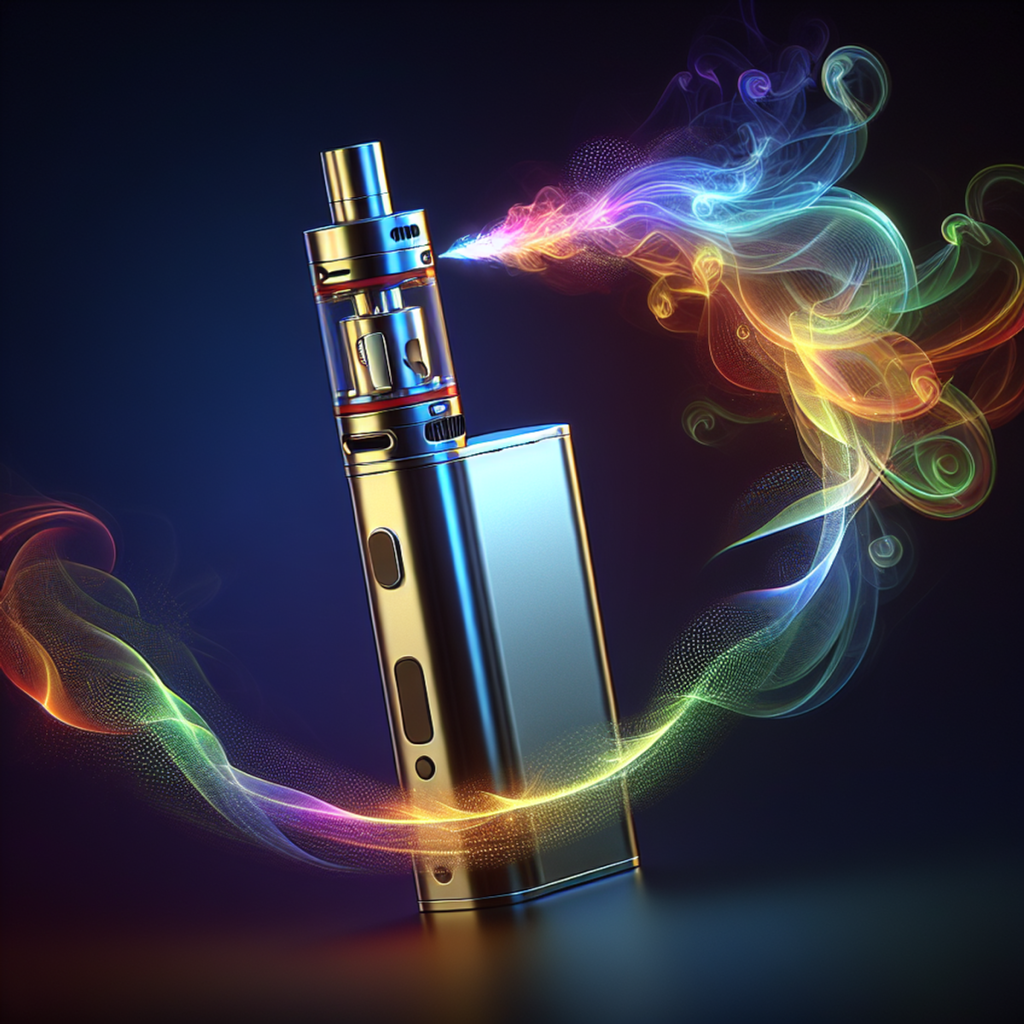 A sleek and elegant vaping unit with a radiant, multi-colored vapor trail spiraling out of it.